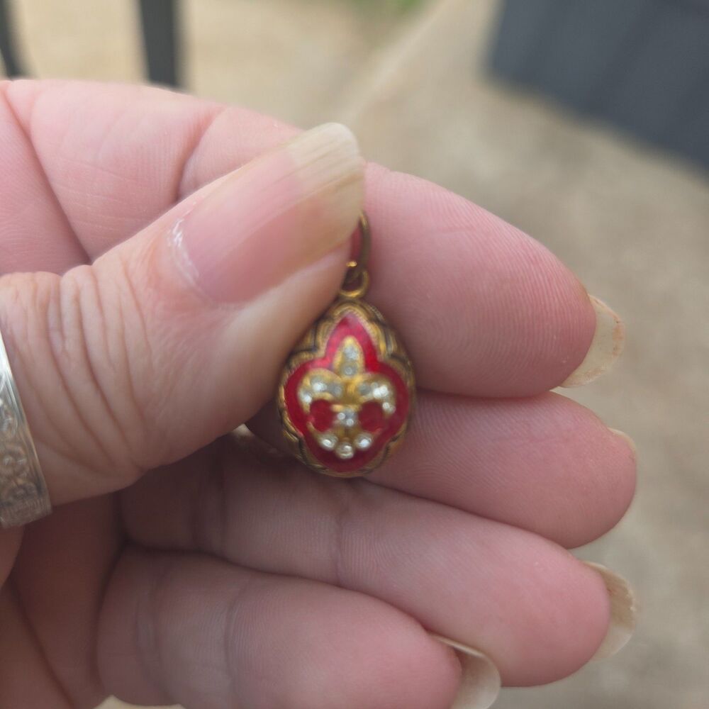 Faberge Style Sterling Silver Red Enamel Egg Pendant Fleur de Lis 3/4"